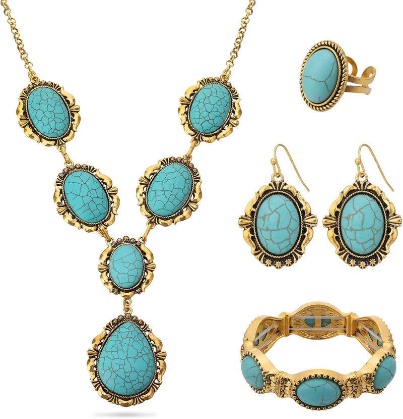 JMScape 4 PCS Western Turquoise Jewelry for Women Boho Vintage Navajo Pearl Necklace Earring Bracelet Ring Set Country Cowgirl Accessories for Gift - Image 1